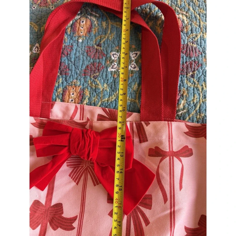 2 Pink Red Bow Print Tote Bag Canvas Large Shoulder Bag Preppy Coquette‎